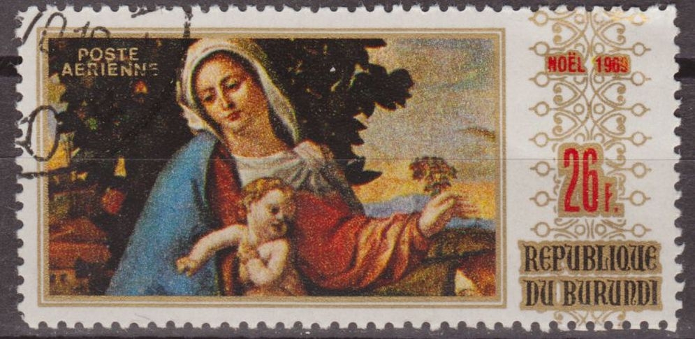 Burundi 1969 Scott C108 Sello * Christmas Madonna & Child de Jacobo Negretti Preobliteré Matasello de Favor
